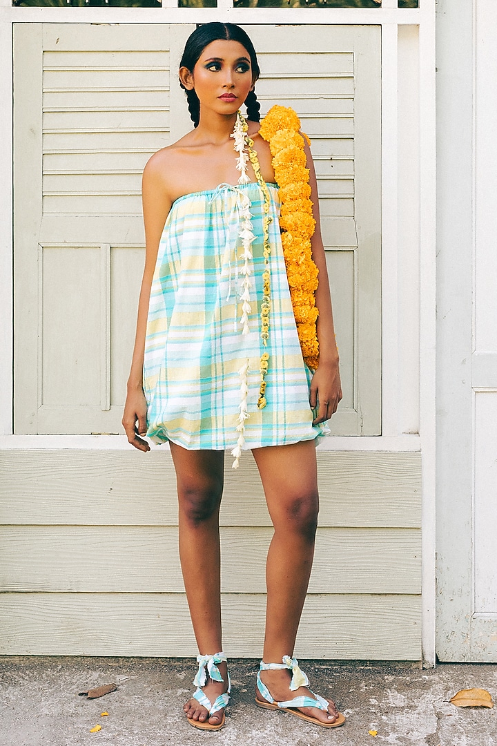 Cyan Blue Madras Check Cotton Elasticated Summer Dress by ITUVANA at Pernia's Pop Up Shop