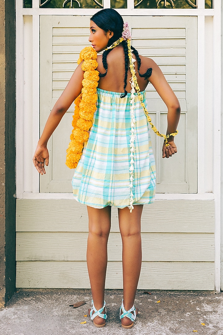 Cyan Blue Madras Check Cotton Elasticated Summer Dress by ITUVANA at Pernia's Pop Up Shop