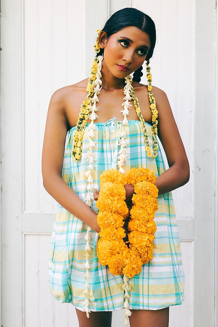 Cyan Blue Madras Check Cotton Elasticated Summer Dress by ITUVANA at Pernia's Pop Up Shop