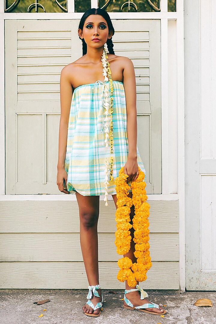 Cyan Blue Madras Check Cotton Elasticated Summer Dress by ITUVANA at Pernia's Pop Up Shop
