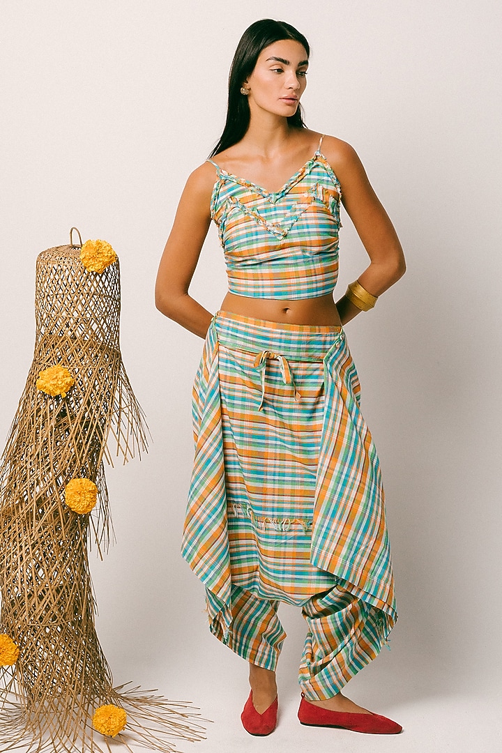 Blue Madras Check Cotton Dhoti Set by ITUVANA at Pernia's Pop Up Shop