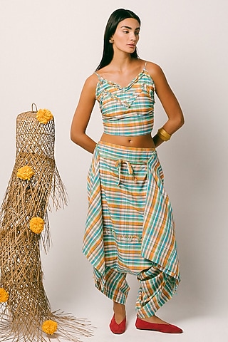Blue Madras Check Cotton Dhoti Set by ITUVANA