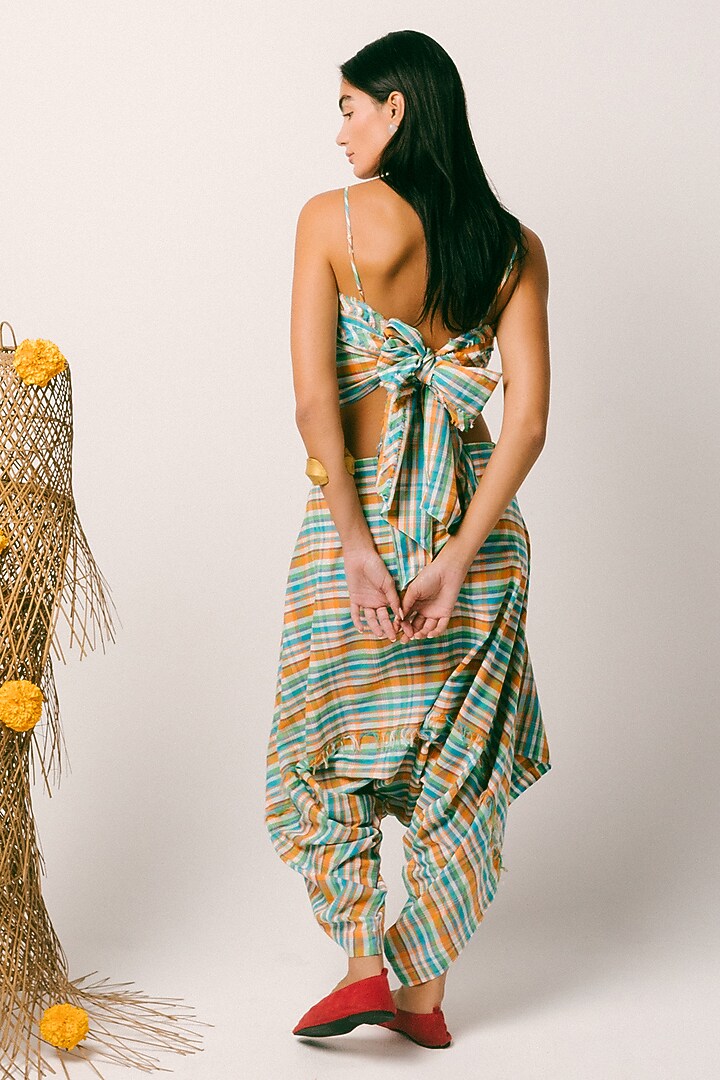 Blue Madras Check Cotton Dhoti Set by ITUVANA at Pernia's Pop Up Shop