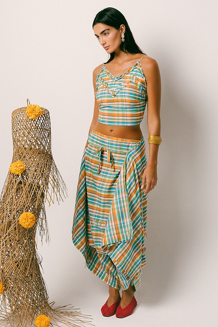Blue Madras Check Cotton Dhoti Set by ITUVANA at Pernia's Pop Up Shop