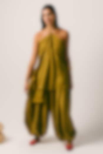 Olive Green Habutai Silk Co-Ord Set by ITUVANA at Pernia's Pop Up Shop
