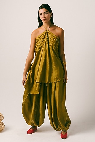 Olive Green Habutai Silk Co-Ord Set by ITUVANA
