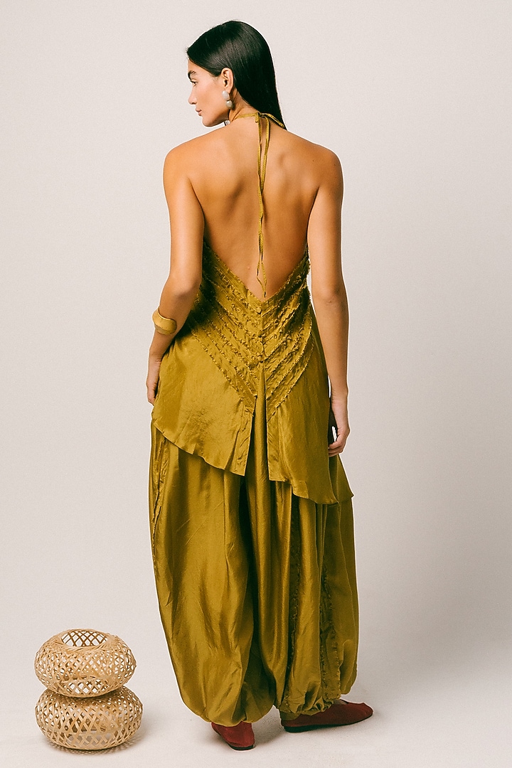 Olive Green Habutai Silk Co-Ord Set by ITUVANA at Pernia's Pop Up Shop