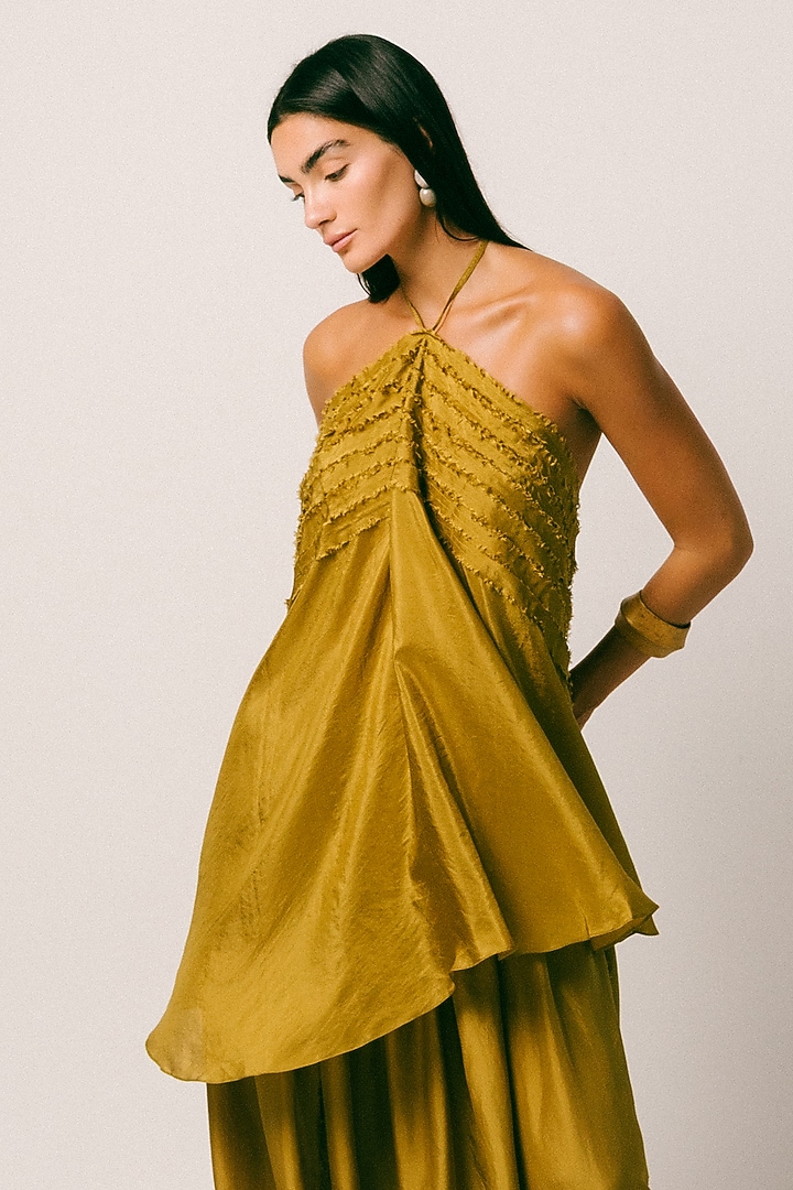 Olive Green Habutai Silk Co-Ord Set by ITUVANA at Pernia's Pop Up Shop