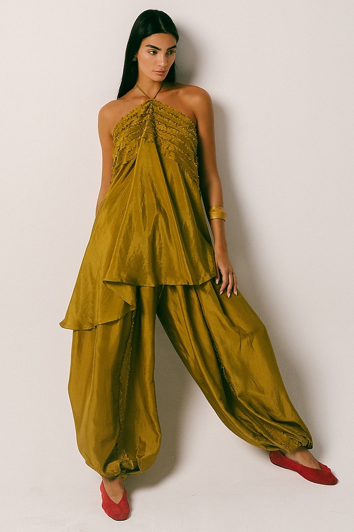 Olive Green Habutai Silk Co-Ord Set by ITUVANA at Pernia's Pop Up Shop