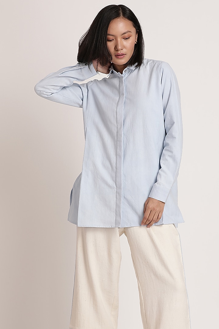 Powder Blue Handwoven Cotton Shirt by ITYA at Pernia's Pop Up Shop