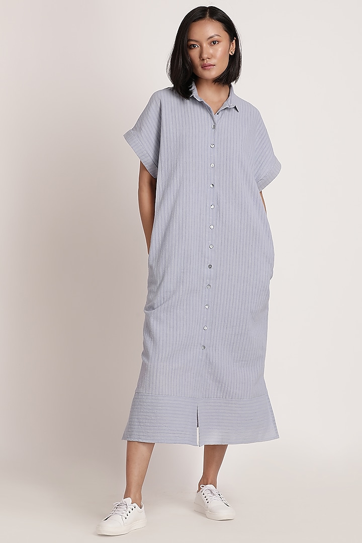 Pale Blue Handwoven Cotton Shirt Dress by ITYA