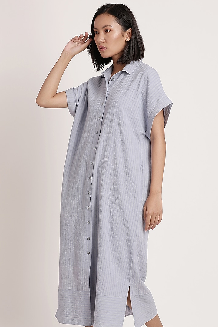 Pale Blue Handwoven Cotton Summer Shirt Dress by ITYA at Pernia's Pop Up Shop