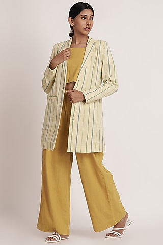 Cream Handwoven Cotton Long Blazer Set by ITYA
