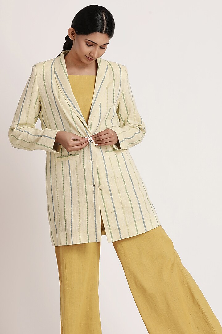 Cream Handwoven Cotton Long Blazer Set by ITYA at Pernia's Pop Up Shop