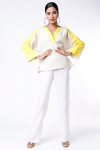 Cream & Yellow Cotton Kimono Top by ITYA