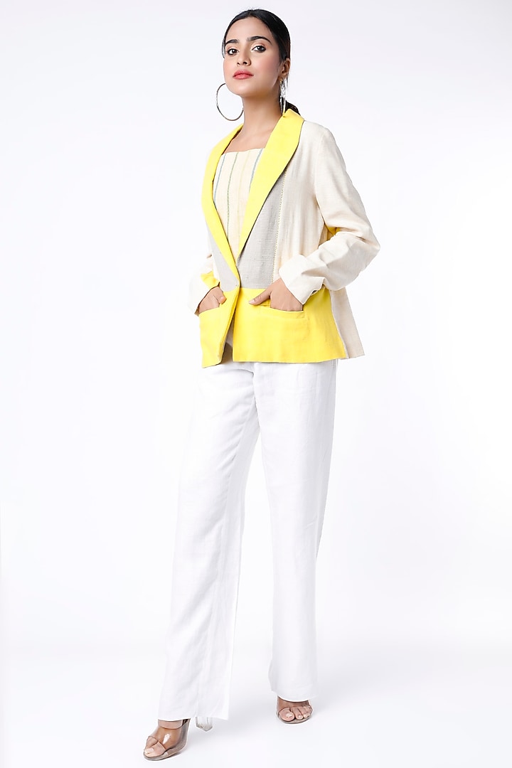 Cream & Yellow Cotton Blazer by ITYA