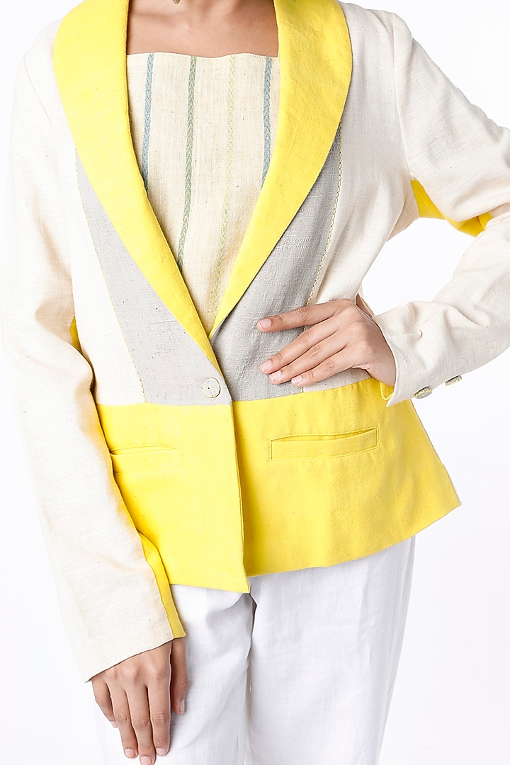 Cream & Yellow Cotton Blazer by ITYA at Pernia's Pop Up Shop