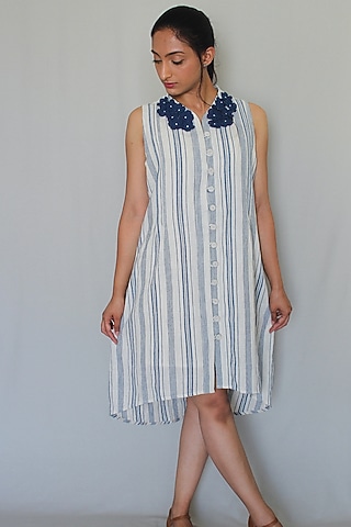 Off-White Striped Handwoven Dress by ITYA