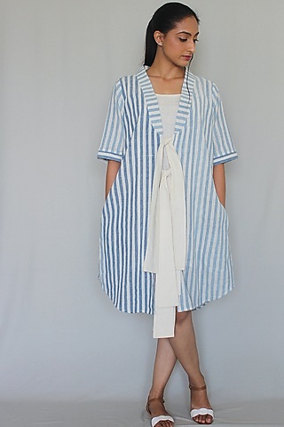 Off-White Cotton Striped Handwoven Dress by ITYA