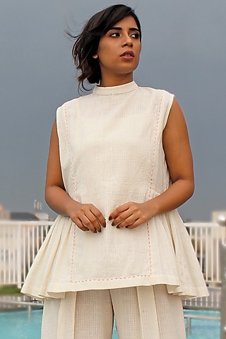 Off-White Cotton Handwoven Pleated Top by ITYA