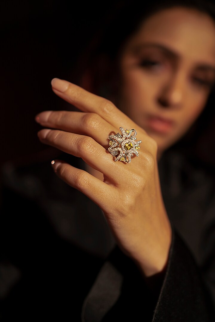 White Finish Yellow Topaz & Swarovski Handcrafted Ring In Sterling Silver by ITEE Jewellery at Pernia's Pop Up Shop