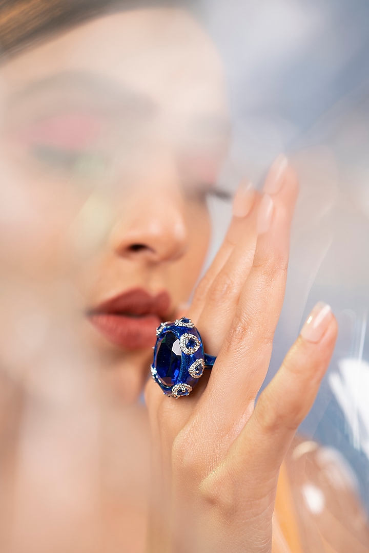 White Finish Blue Sapphire & Swarovski Handcrafted Enameled Ring In Sterling Silver by ITEE Jewellery