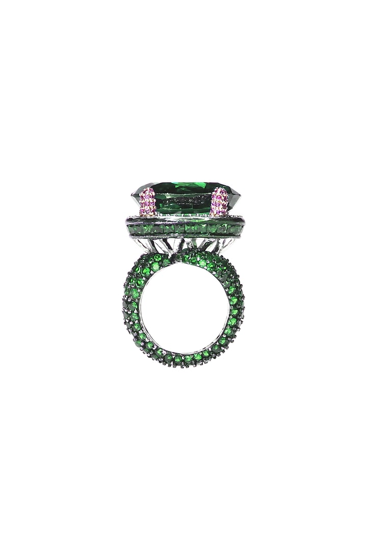 White Finish Green Emerald & Swarovski Handcrafted Ring In Sterling Silver by ITEE Jewellery at Pernia's Pop Up Shop