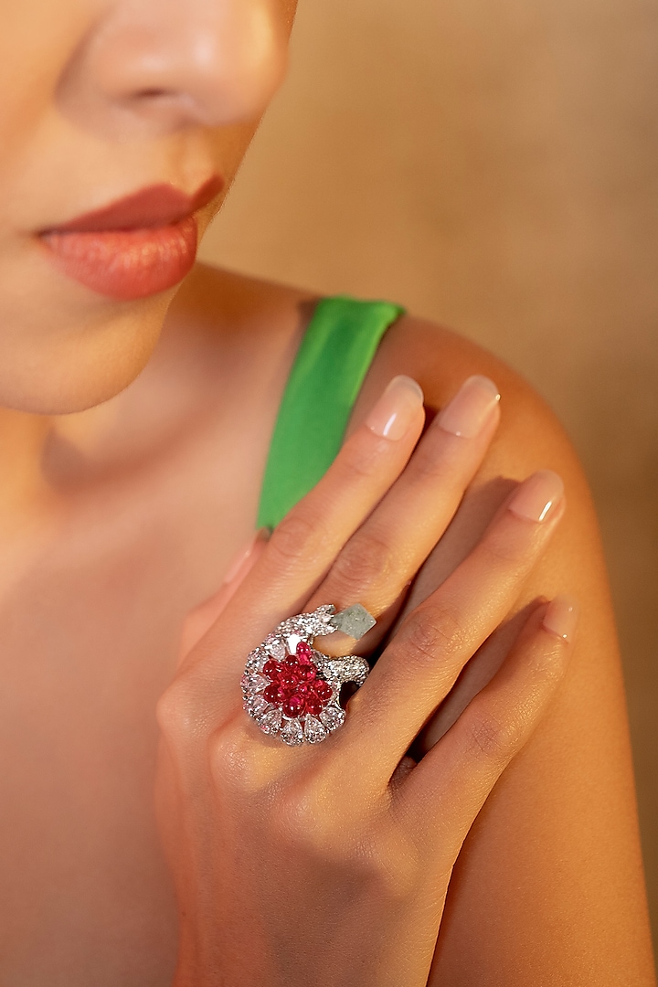 White Finish Ruby & Swarovski Handcrafted Ring In Sterling Silver by ITEE Jewellery