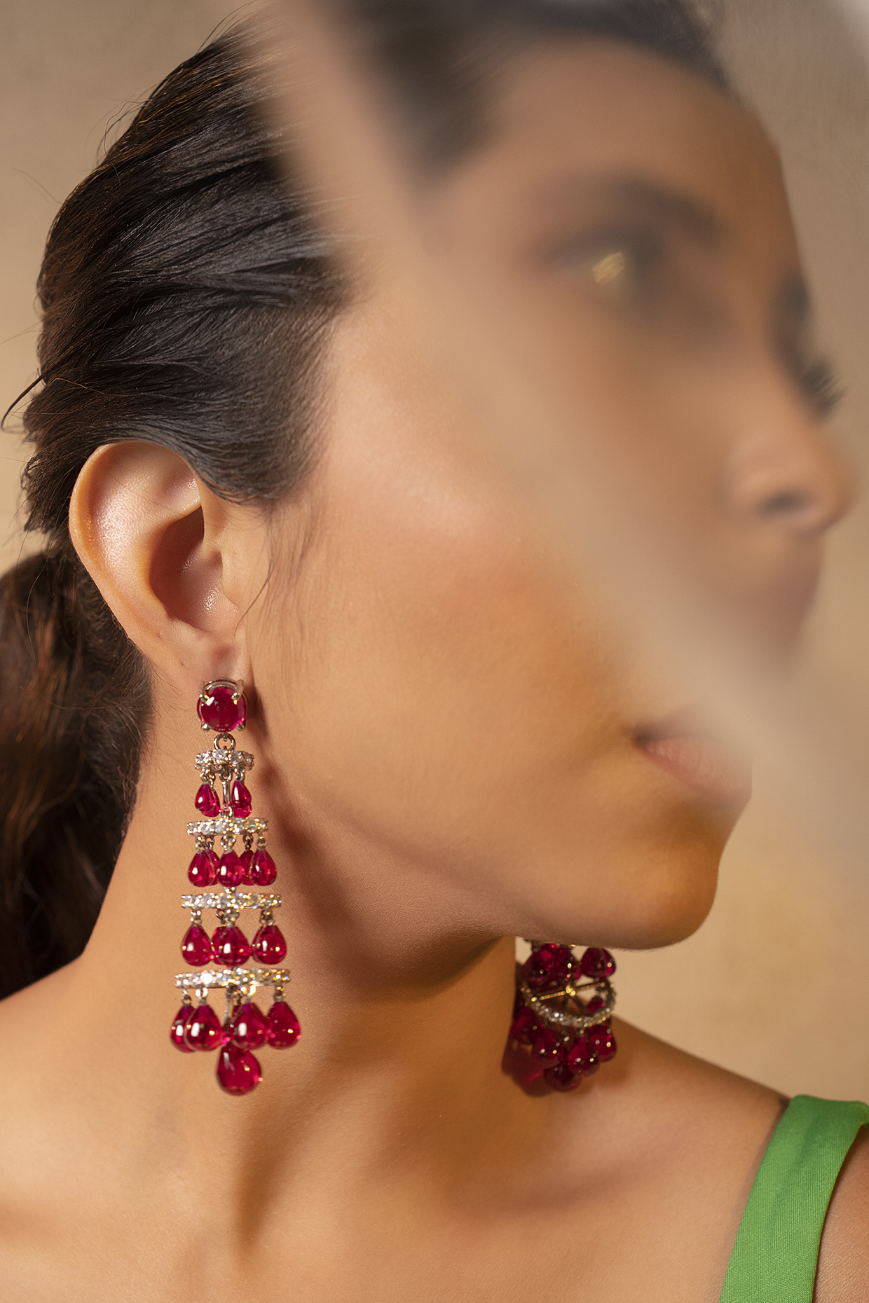 White Finish Ruby Synthetic Stone & Swarovski Dangler Earrings In Sterling Silver by ITEE Jewellery at Pernia's Pop Up Shop