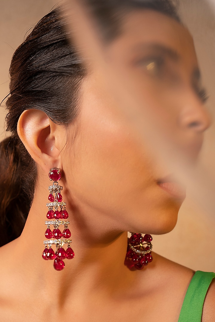 White Finish Ruby Synthetic Stone & Swarovski Dangler Earrings In Sterling Silver by ITEE Jewellery at Pernia's Pop Up Shop