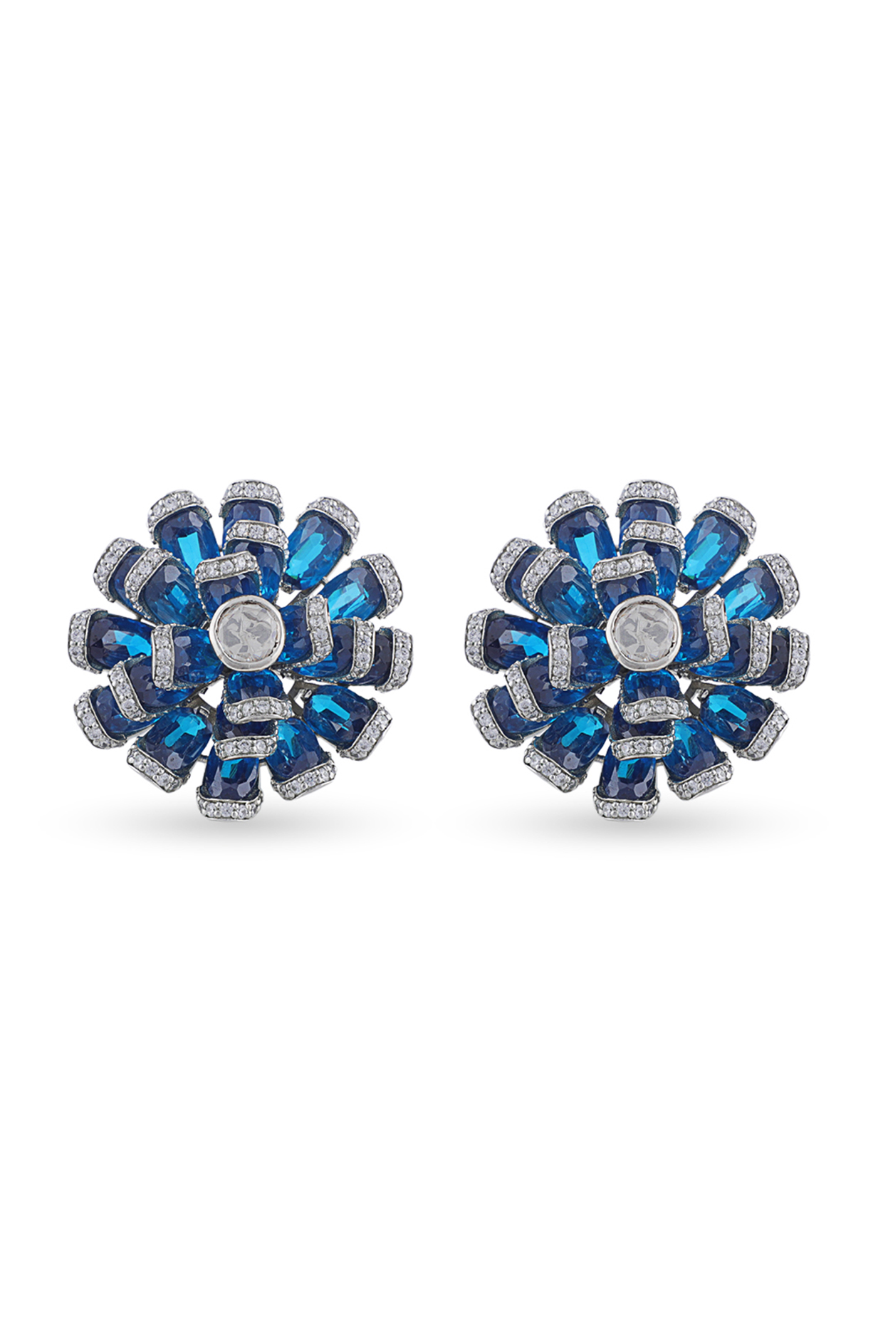 White Finish Synthetic Sapphire Stone & Moissanite Polki Stud Earrings In Sterling Silver by ITEE Jewellery