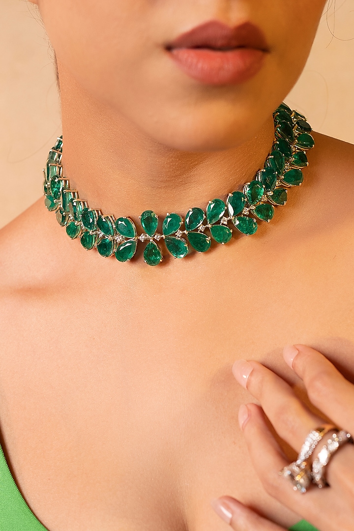 White Finish Synthetic Emerald Stone & Swarovski Necklace In Sterling Silver by ITEE Jewellery