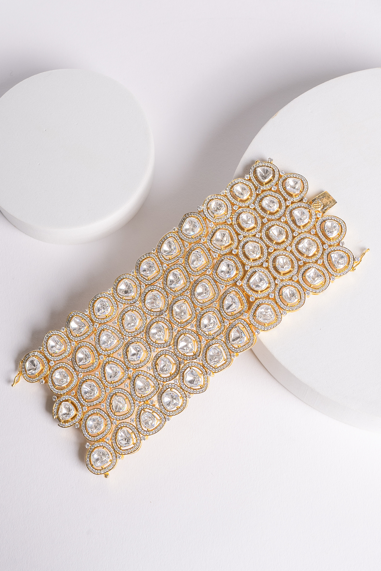 Gold Finish Moissanite Polki & Swarovski Bracelet In Sterling Silver by ITEE Jewellery