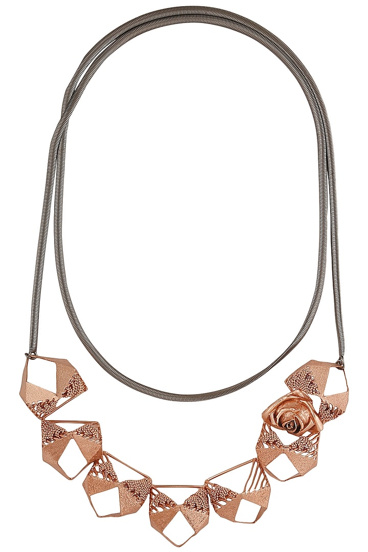 Rose Gold Finish Abstract Shape and 3D Flower Motif Necklace by Itrana By Sonal Gupta