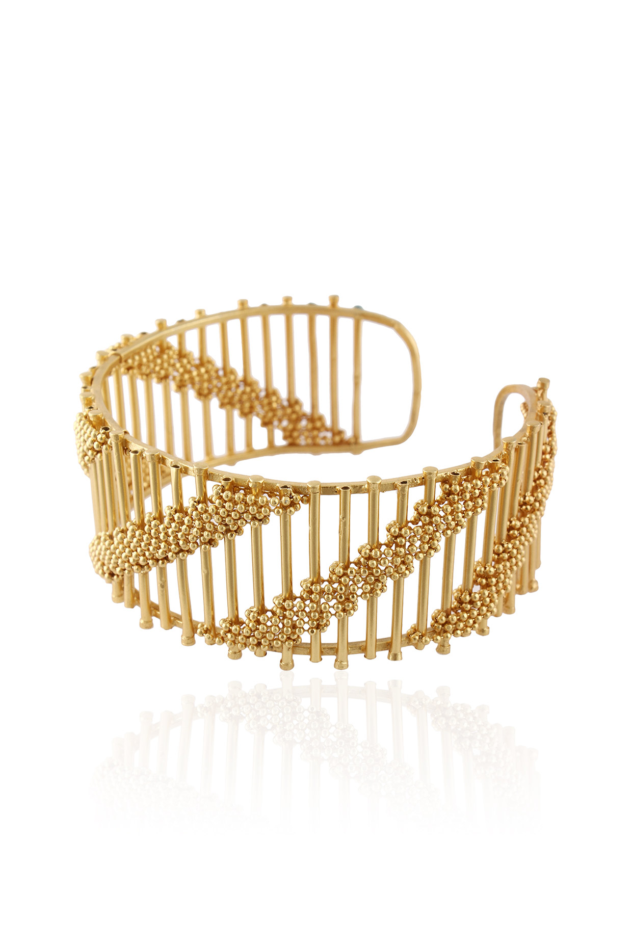Itrana by Sonal Gupta presents Dull gold finish adjustable horizontal striped cuff bracelet available only at Pernia's Pop Up Shop.