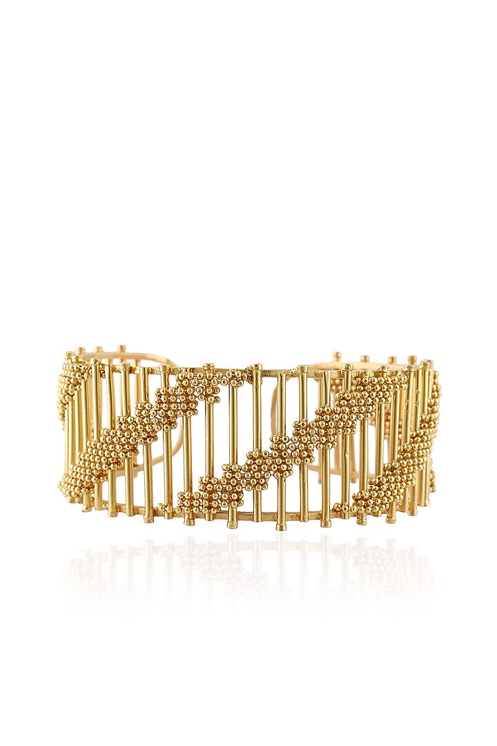 Itrana by Sonal Gupta presents Dull gold finish adjustable horizontal striped cuff bracelet available only at Pernia's Pop Up Shop.