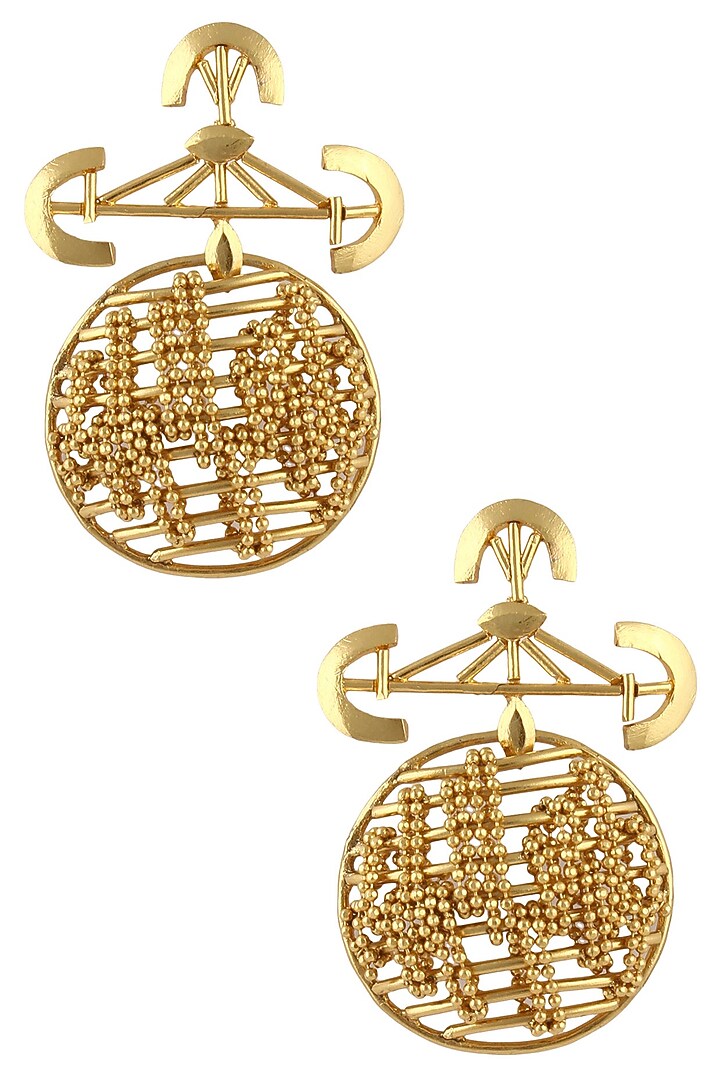 Itrana by Sonal Gupta presents Gold plated orbit disc drop earrings available only at Pernia's Pop Up Shop.