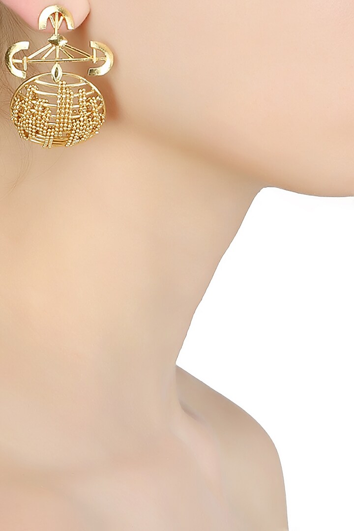 Itrana by Sonal Gupta presents Gold plated orbit disc drop earrings available only at Pernia's Pop Up Shop.