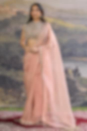 Peach Organza Silk Jadau Embroidered Bridal Saree Set by ITRH at Pernia's Pop Up Shop