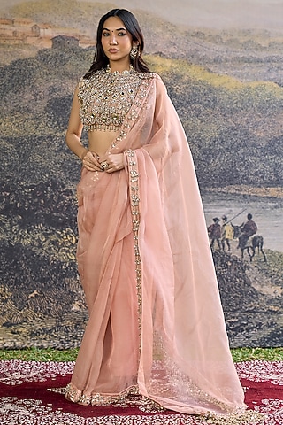 Peach Organza Silk Jadau Embroidered Saree Set by ITRH