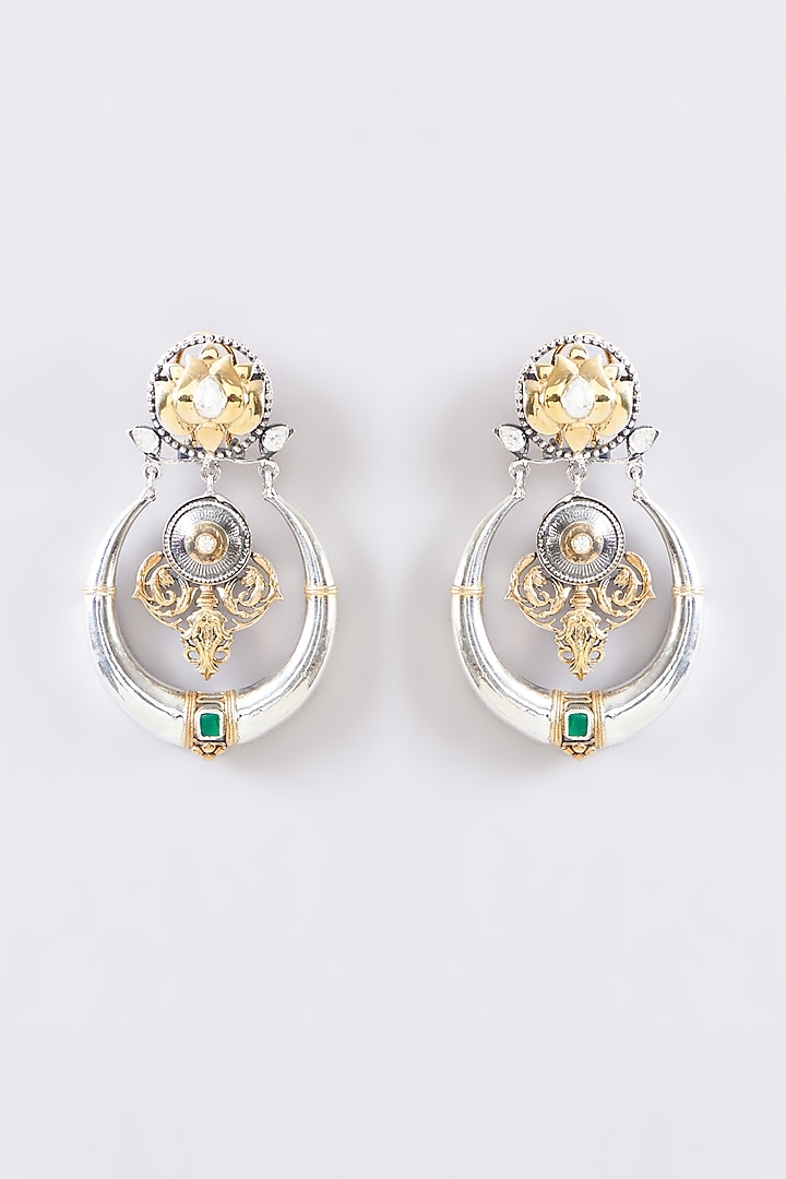 Two Tone Plated Moissanite Polki & Emerald Dangler Earrings In Sterling Silver by IVORINE at Pernia's Pop Up Shop