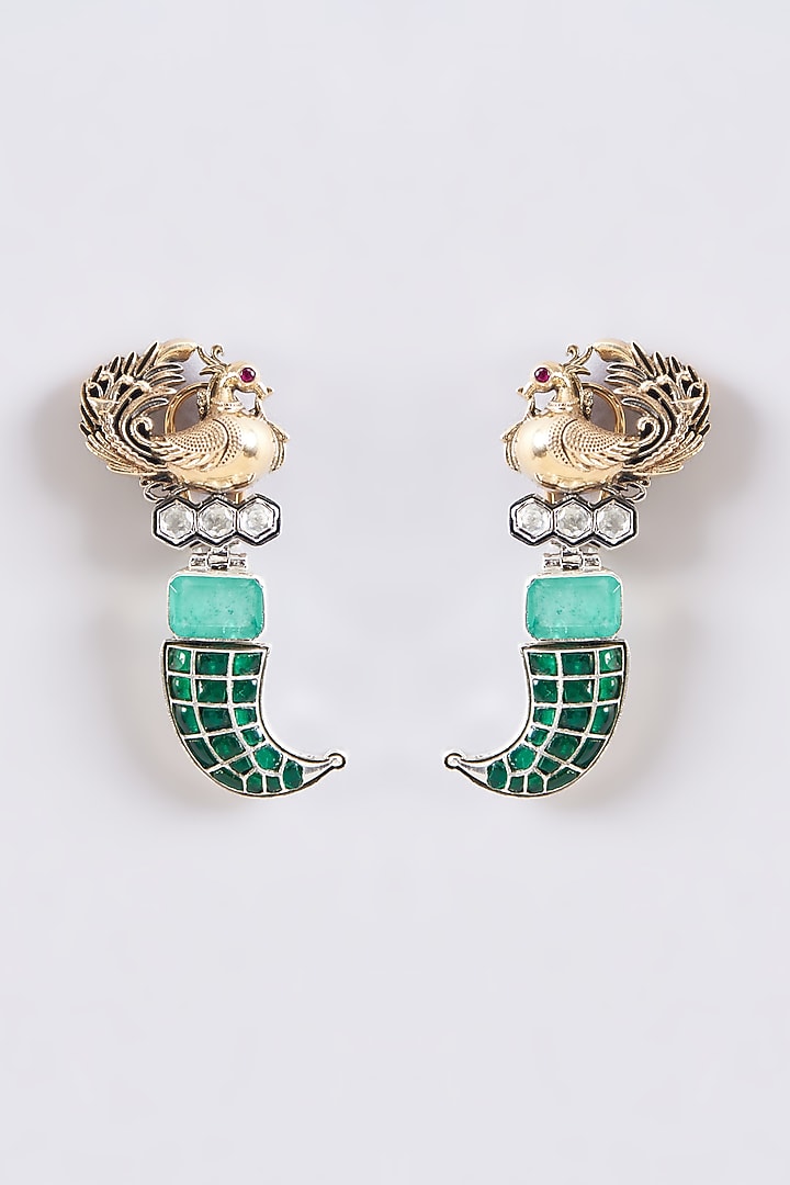 Two Tone Plated Moissanite Polki & Emerald Dangler Earrings In Sterling Silver by IVORINE at Pernia's Pop Up Shop