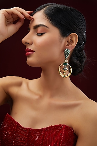 Two Tone Plated Moissanite Polki & Emerald Chandbali Earrings In Sterling Silver by IVORINE