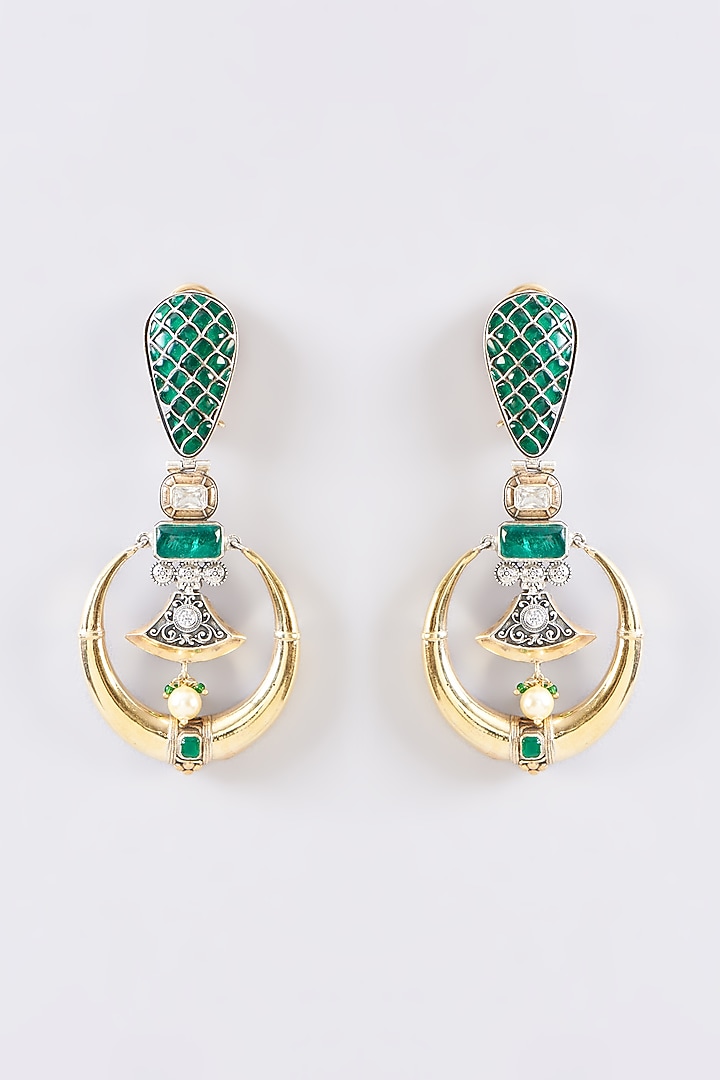 Two Tone Plated Moissanite Polki & Emerald Chandbali Earrings In Sterling Silver by IVORINE at Pernia's Pop Up Shop