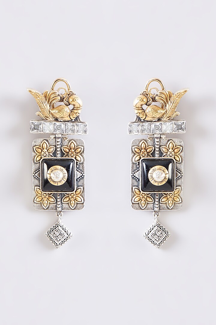 Two Tone Plated Moissanite Polki & Black Onyx Dangler Earrings In Sterling Silver by IVORINE at Pernia's Pop Up Shop