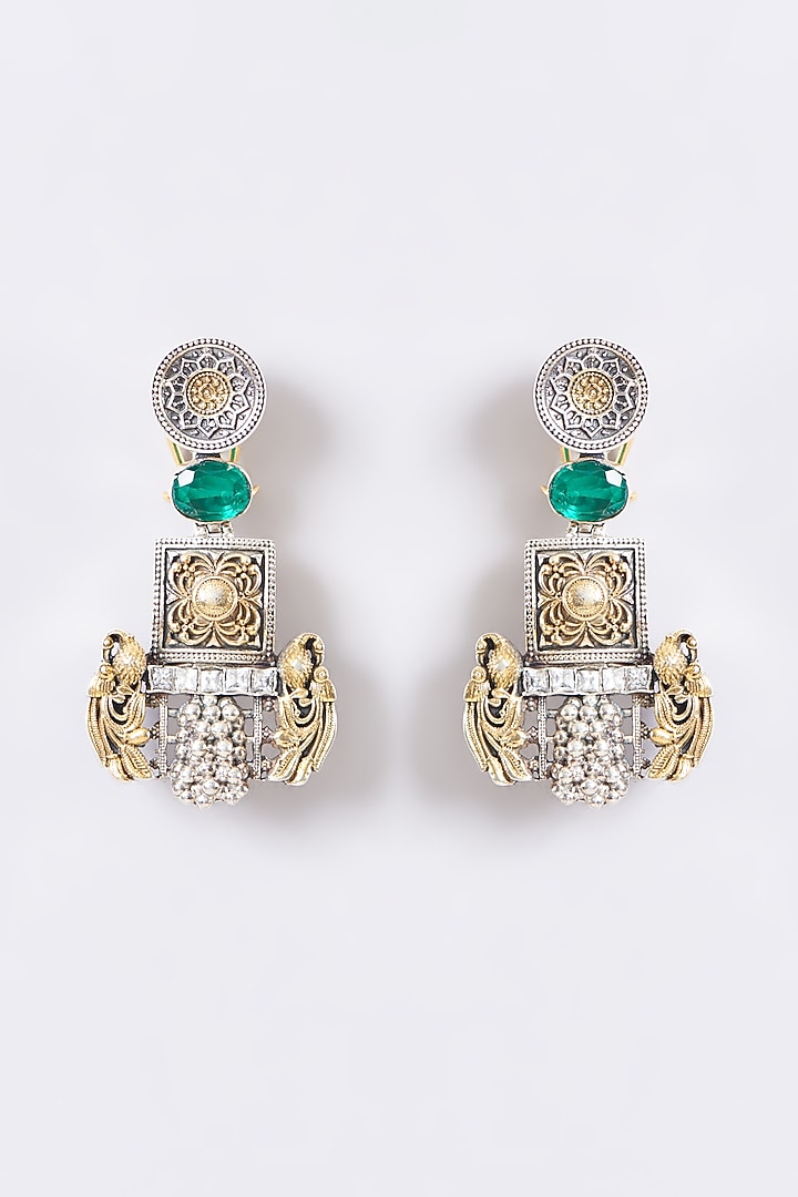 Two Tone Plated Moissanite Polki & Emerald Dangler Earrings In Sterling Silver by IVORINE at Pernia's Pop Up Shop