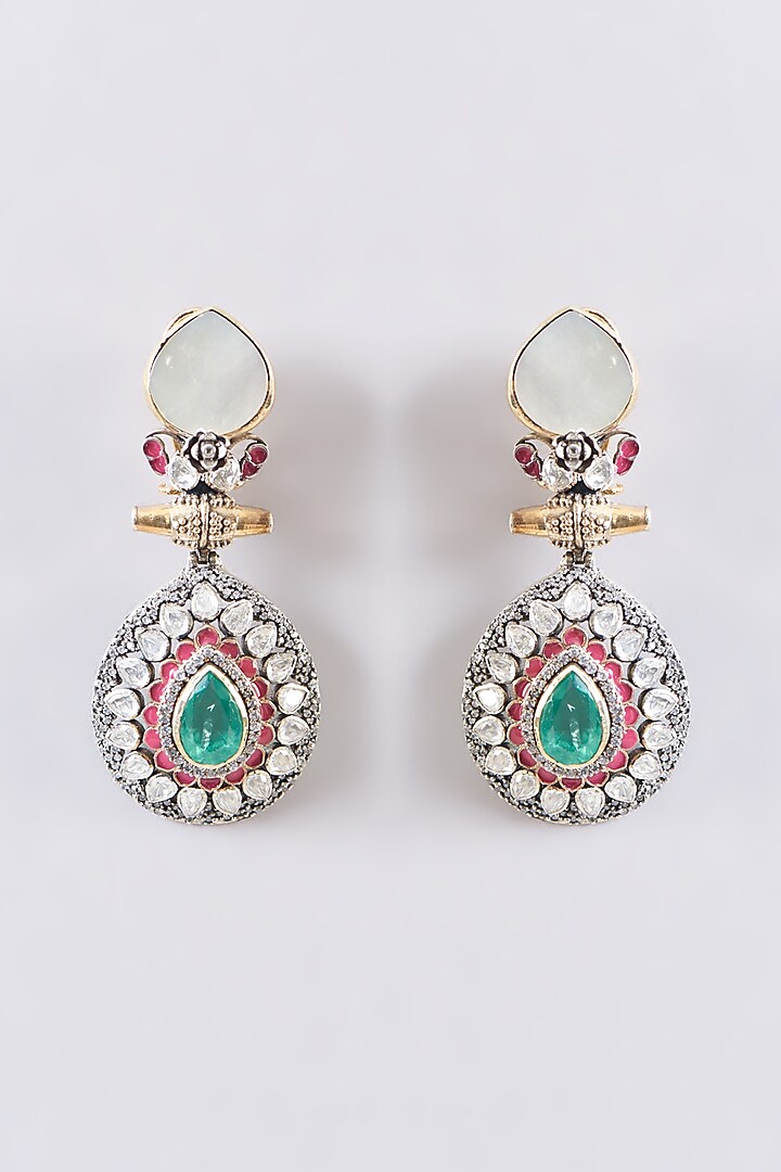 Two Tone Plated Moissanite Polki & Emerald Dangler Earrings In Sterling Silver by IVORINE at Pernia's Pop Up Shop