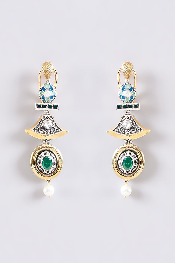 Two Tone Plated Moissanite Polki & Emerald Dangler Earrings In Sterling Silver by IVORINE at Pernia's Pop Up Shop
