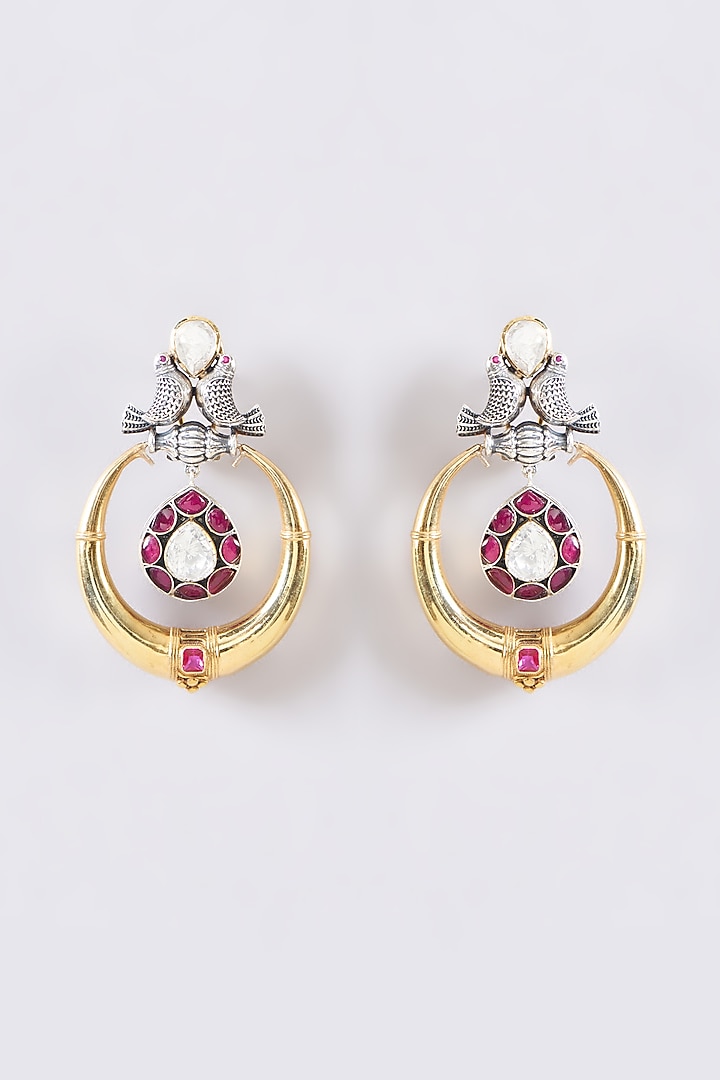 Two Tone Plated Moissanite Polki & Ruby Dangler Earrings In Sterling Silver by IVORINE at Pernia's Pop Up Shop