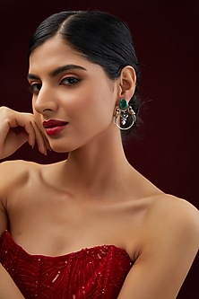 Two Tone Plated Moissanite Polki & Emerald Stud Earrings In Sterling Silver by IVORINE-DESIGNER EARRINGS